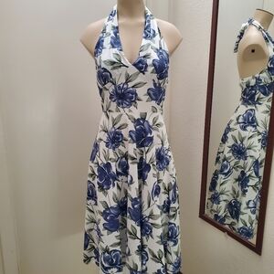 Blue and White Halter, Sleeveless. Backless Dress